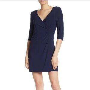 LAUNDRY by Shelli Segal Women’s Navy Blue Faux Wrap  Dress 3/4 Sleeve Size Med